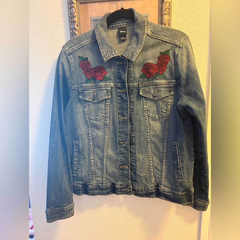 Disney Women's Blue Denim Jacket with Red Floral Embroidery